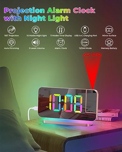 Projection Alarm Clock with RGB LED Mirror Display and USB-C Charging Port