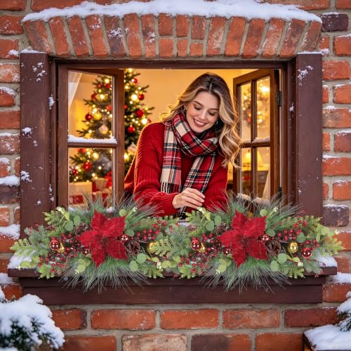 26 Inch Christmas Swag for Front Door with Poinsettias Flower - Red Berry Poinsettia
