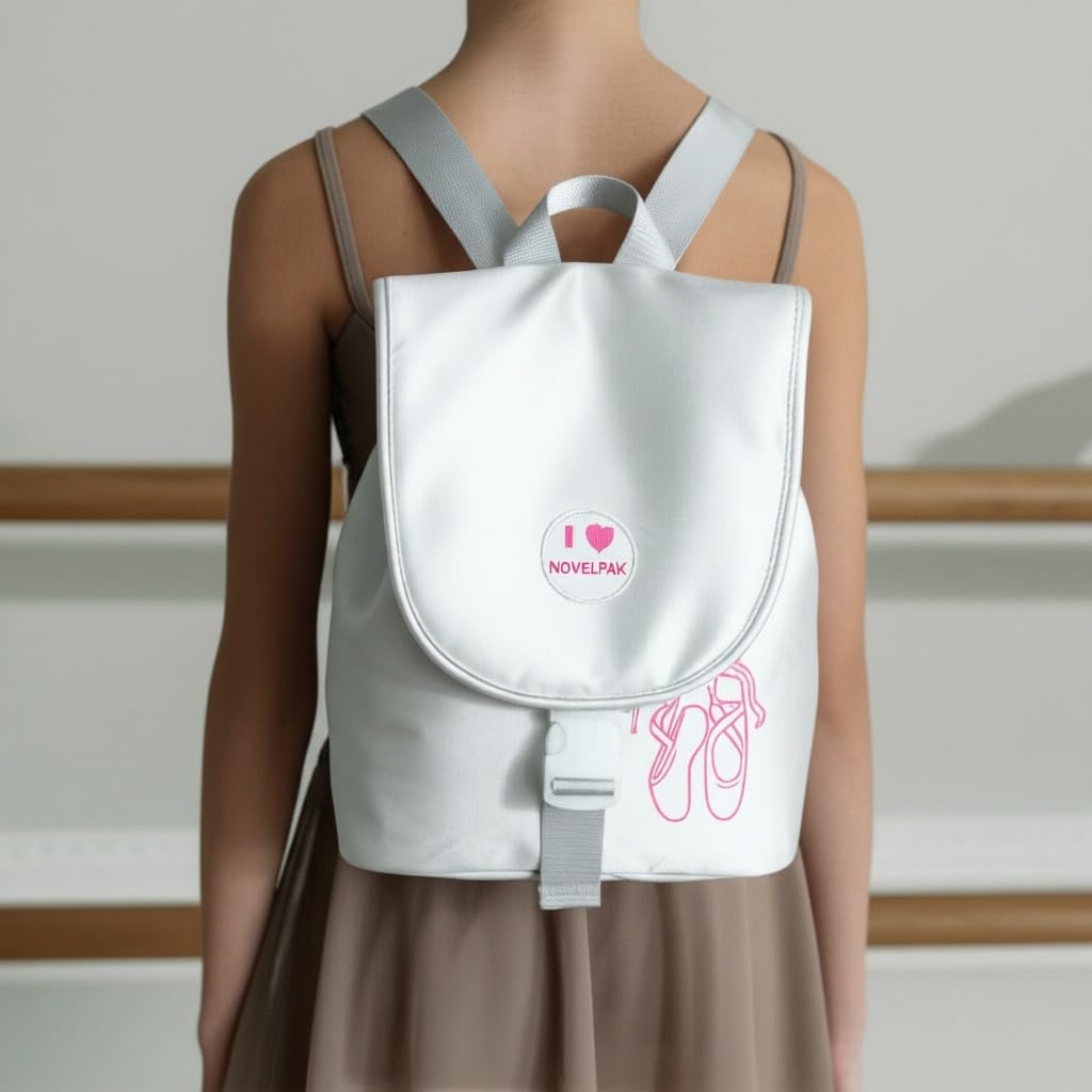 NOVELPAK Silver Ballet Backpack,Dance Tutu Bag for Teen Girls, Daily Practice Ballet Team Bag with Interchangable Badge, Multi-Pockets .Ideal Capacity in 15L (MATT- SILVER)