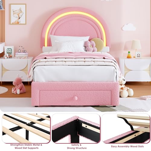 Twin Upholstered LED Rainbow Bed Frame with Storage Drawer, Pink