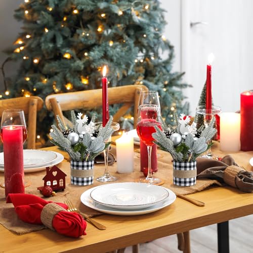Buffalo Plaid 2-Piece Mini Christmas Tabletop Trees, 10.24in – Black & White Holiday Decor