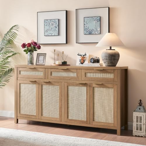 63-inch Rattan Sideboard Buffet Cabinet with 4 Doors and 3 Drawers