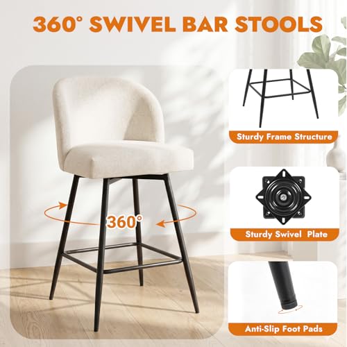 26-Inch Swivel Counter Height Bar Stools with Upholstered Seat, Set of 2