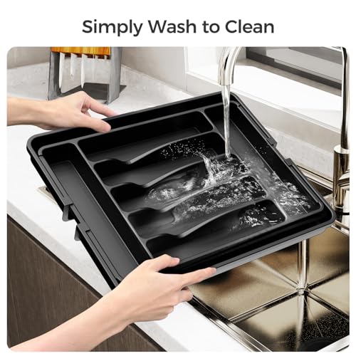 Expandable Silverware Drawer Organizer - Extra Large Cutlery Tray, Black