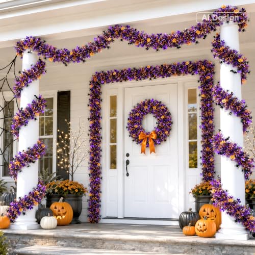 Halloween Metallic Tinsel Garland with Pumpkin & Bat Accents, 33 FT