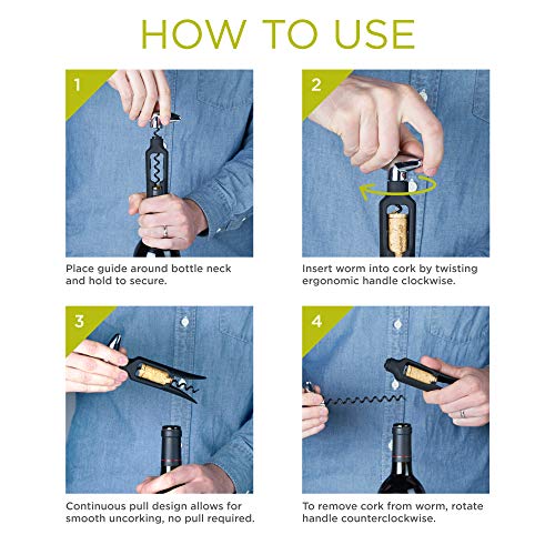 TRUE Black Self Pulling Corkscrew Wine Opener - Easy Turn Bar & Kitchen Tool