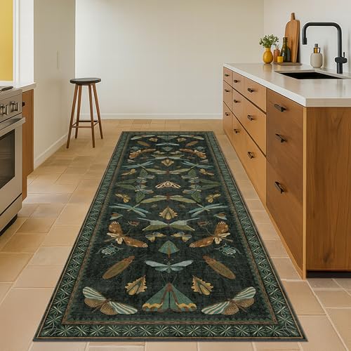 Dark Green 2'6"x10' Runner Rug, Washable Non-Slip Vintage Insect Hallway Carpet