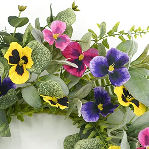 20-Inch Artificial Pansy Wreath with Lambs Ear and Eucalyptus for Front Door