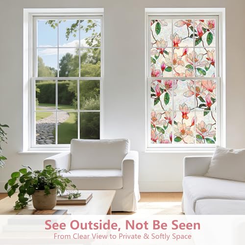 Stained Glass Window Privacy Film - Floral Design, 17.5" x 78.7"