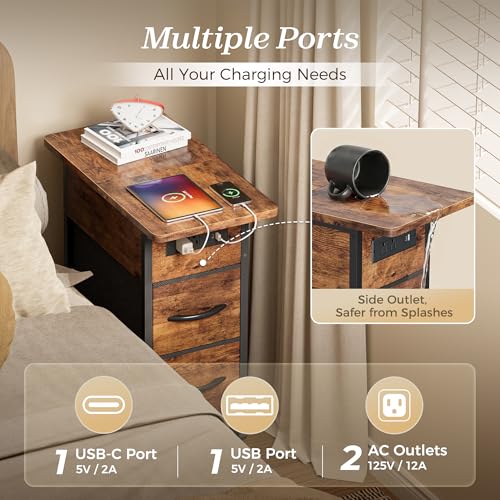 Narrow End Table with Charging Station, 2 Drawers & Flip-Top Storage