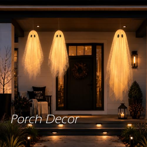 AYGXU 3-Piece Lighted Hanging Ghost Halloween Decorations for Yard and Porch
