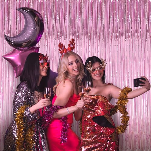 Pink Foil Fringe Curtain Backdrop (3-Pack) - 3.3 x 9.9 ft Tinsel Streamers