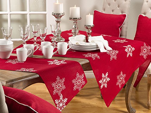 SARO LIFESTYLE Red Embroidered Snowflake Christmas Table Runner 16x108 inches