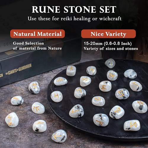 Rainbow Moonstone Rune Stones Set, 25-Piece Elder Futhark Divination Kit