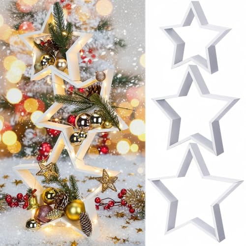3 Pack Wooden Star Christmas Decor with LED Lights - Rustic Farmhouse Style