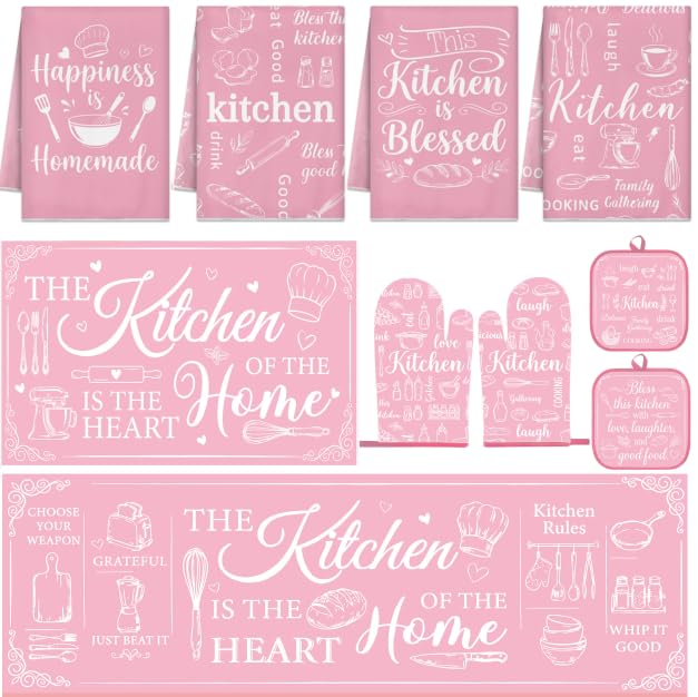 10-Piece Retro Pink Kitchen Decor & Baking Accessory Set with Towels and Rugs