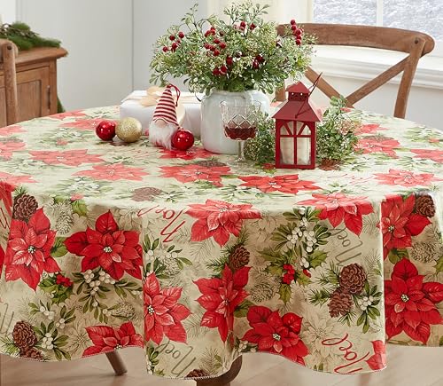 Newbridge 70 Inch Round Majestic Poinsettia Vinyl Christmas Tablecloth with Flannel Backing