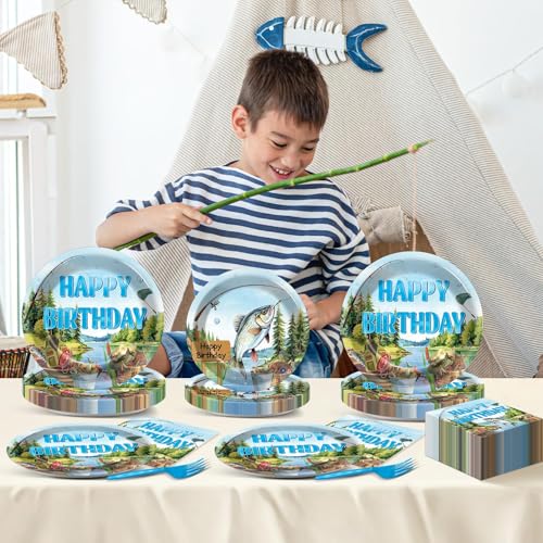 CHUNNIN Fishing Birthday Party Plates Napkins Set for Kids & Teens - Tropical Fish Theme, 96 Pieces