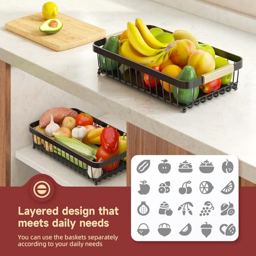 2-Tier Detachable Metal Fruit Basket with Banana Hangers & Wooden Handle