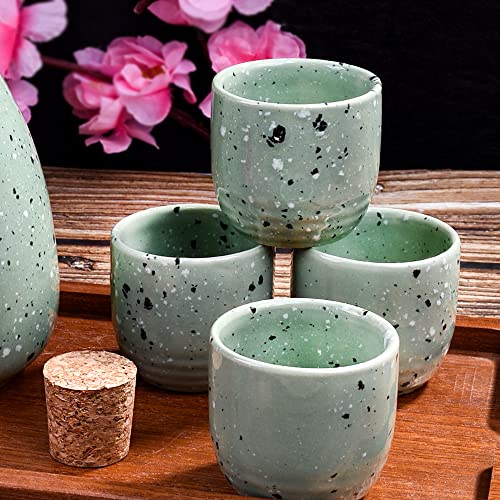 Large Cyan Ceramic Sake Set with Cork Stopper - Moss Green Speckled Drinkingware
