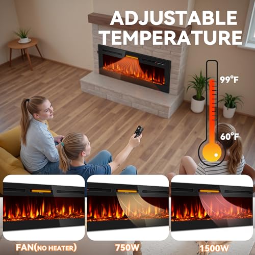 50-Inch Ultra-Thin Electric Fireplace Heater, Recessed Wall Mounted