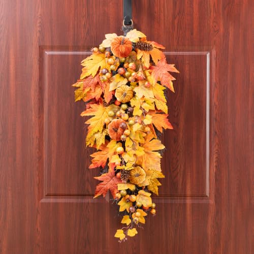 28-Inch Velvet Pumpkin Teardrop Swag with Pinecones and Berries