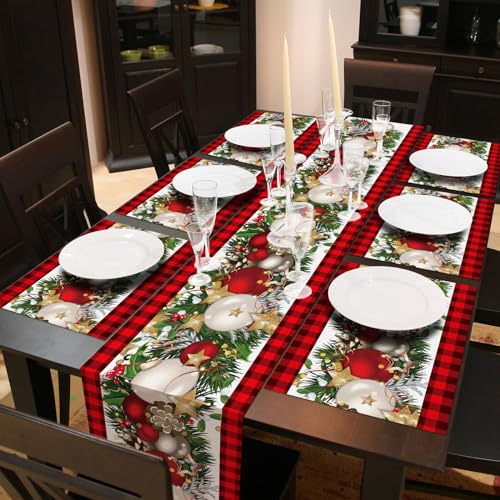 VitalCozy Christmas Buffalo Plaid Table Runner & 6 Placemats Set - Holiday Decor
