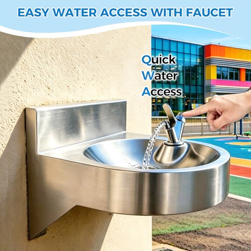 Wall Mounted Stainless Steel Drinking Fountain with Faucet, Compact 11-Inch Basin for Indoor/Outdoor Use