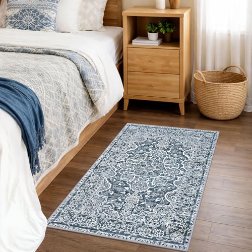 2x3 Blue Floral Area Rug - Washable Non-Slip Low Pile Entryway Carpet