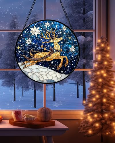 HWRHTR Blue and Gold Stained Glass Reindeer Window Hanging 7.8in Christmas Decor