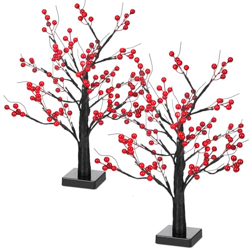 Two-Piece Lighted Christmas Red Berry Tree Decor, 23.6in
