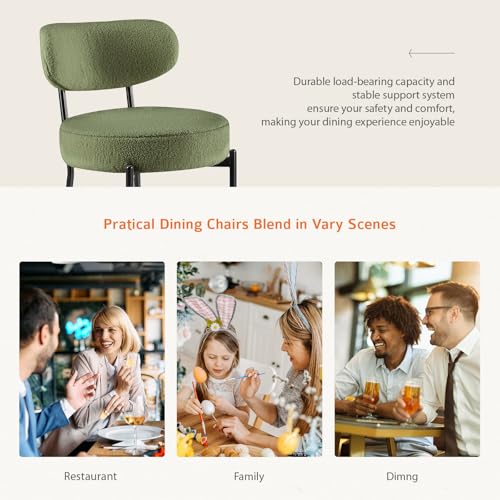 Mid Century Modern Upholstered Dining Chairs - Set of 2, Green Boucle