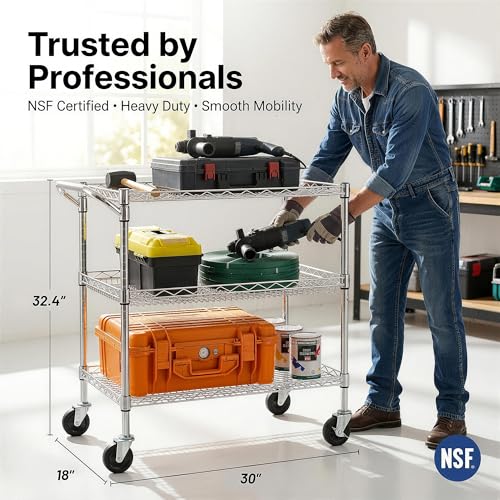 3-Tier Heavy Duty Steel Wire Rolling Utility Cart with Wheels & Handle