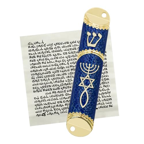 Blue Metal Mezuzah Case with Scroll, Messianic Seal Door Blessing