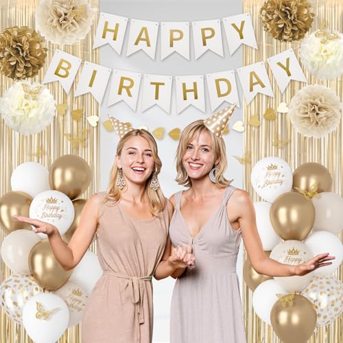 White and Gold Birthday Decorations Kit with Butterfly Stickers and Banner