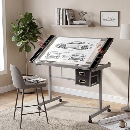 Adjustable Glass Drafting Table with Wheels, Drawers and Storage Trays