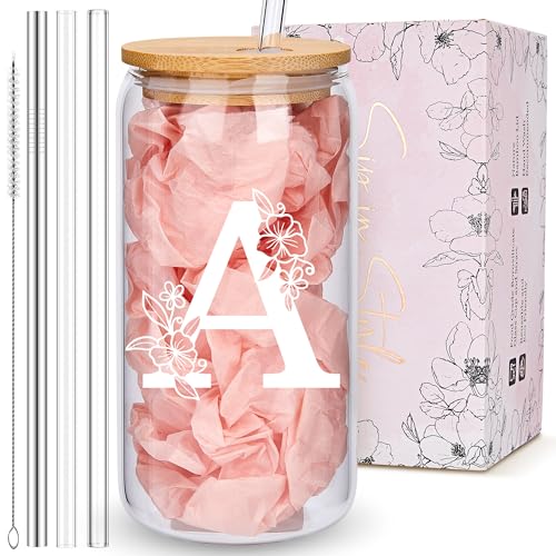 Personalized Monogrammed Iced Coffee Glass with Bamboo Lid and Straws