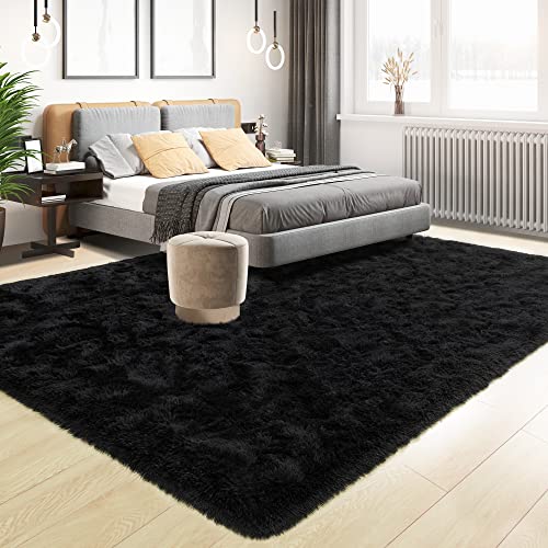4x6 Black Fluffy Area Rug - Soft Plush Shaggy Carpet with Non-Slip Backing