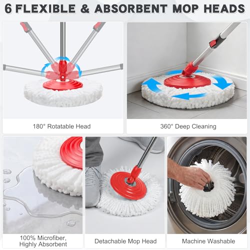Spin Mop and Bucket Set with 6 Microfiber Heads, Stainless Steel Wringer