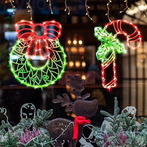 GMFINE 2-Pack Christmas Window Silhouette Lights: Wreath & Candy Cane, Plug-In Indoor/Outdoor