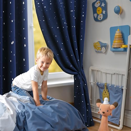 Navy Kids Blackout Curtains with Silver Stars - 42 x 63 Inch, 2 Panels