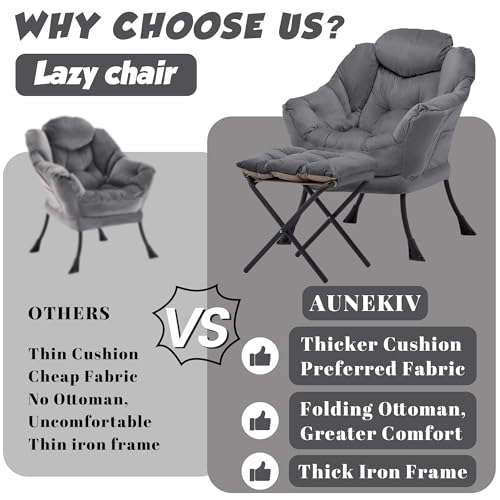 Lazy Reading Chair with Foldable Ottoman and Side Pocket, Dark Grey