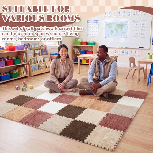 12 Pcs Plush Interlocking Carpet Tiles, Soft EVA Foam Puzzle Floor Mats