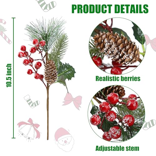 Sggvecsy 6 Pack Frosted Christmas Red Berry Pine Branches with Pine Cones - Green Variant
