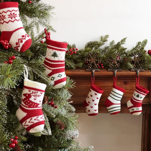 Mini Christmas Stockings 7 Inch Knitted Holiday Decor Set - Burgundy, Green & Ivory White