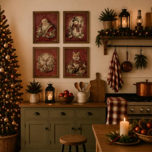 WEFKODO Vintage Christmas Wall Art Set - 4 Unframed Holiday Prints, Santa & Winter Scenes, White Christmas 13