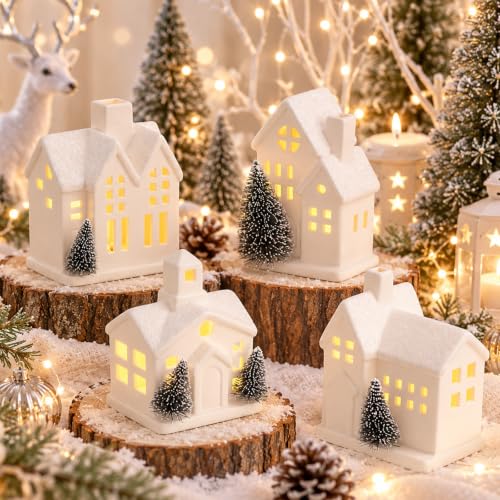 FTEJUWJ 4-Piece Ceramic Christmas Village Set with LED Lights Glitter Snow Scene