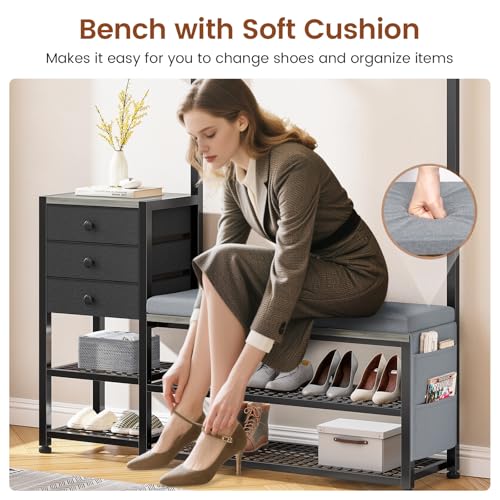 Entryway Hall Tree with Bench, Shoe Storage, and Coat Rack with Cushion