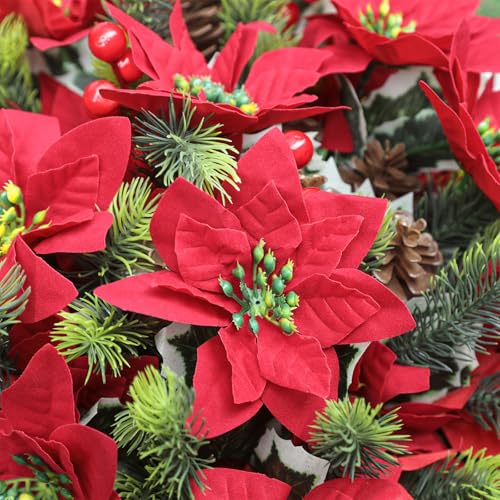 Artificial Poinsettia Flowers 24pcs 12 Inch Christmas Faux Flower Bouquet Red & Green