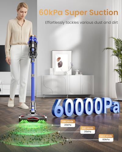 Cordless Stick Vacuum Cleaner, 650W High Power 60KPA with 70 Min Runtime